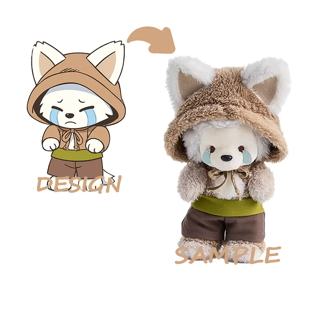 Crying puppy character transformed from artwork into a plush sample